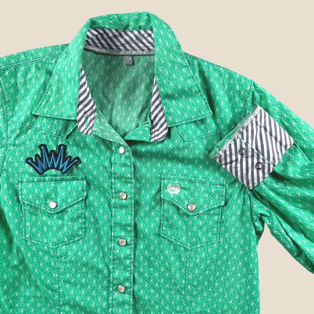 Cinch Pearl Snap Shirt Women M Green Western Barrel Racer Cowgirl Top Button